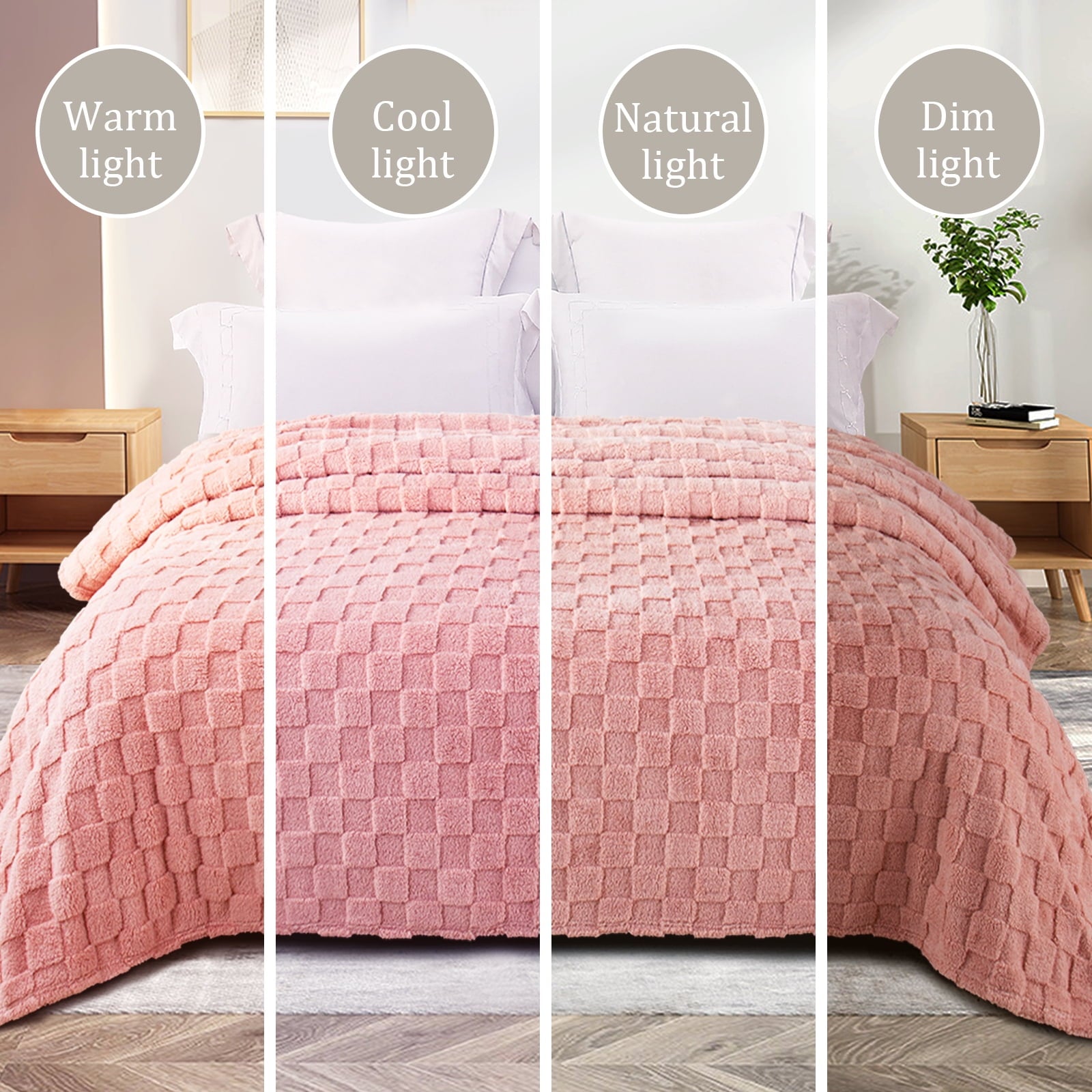 Reversible Sherpa Fleece Throw Blanket for Couch, Super Soft Warm Lightweight Checkered Pattern Blanket for All Seasons, Pink, 50"x60" - Luxury Knitted Decorative Throw Blanket with Fringes Detail