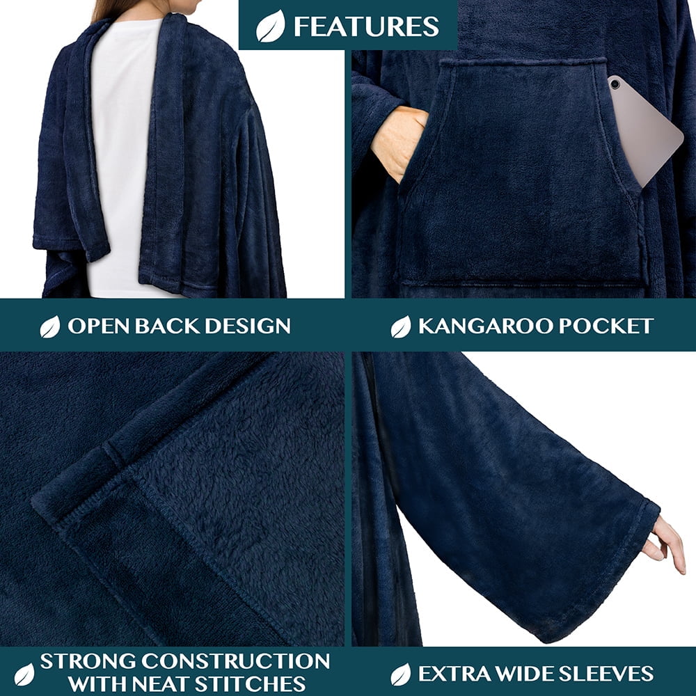 Decorative Knitted Navy Blue Fleece Wearable Blanket with Sleeves for Adults Women Men, Soft Warm Full Body Wrap Throw, Sweatshirt Pocke... - Luxury Knitted Decorative Throw Blanket with Fringes Detail