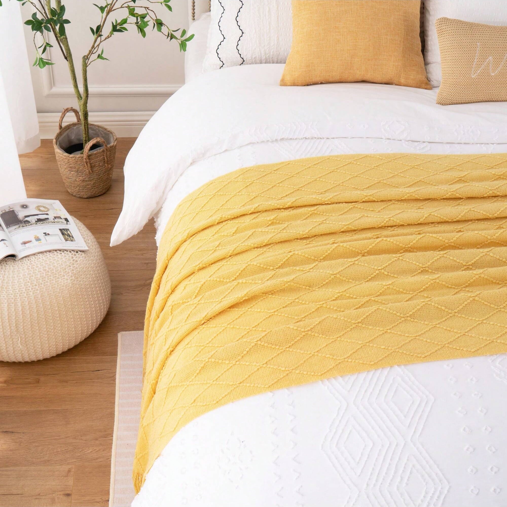 Super Soft Flannel Mustard Throw Blanket for Couch,Gold Yellow Knit Throw with Fringe,Outdoor Throw ,50"x60" - Cozy Fleece Throw Blanket for Couch & Bed Detail