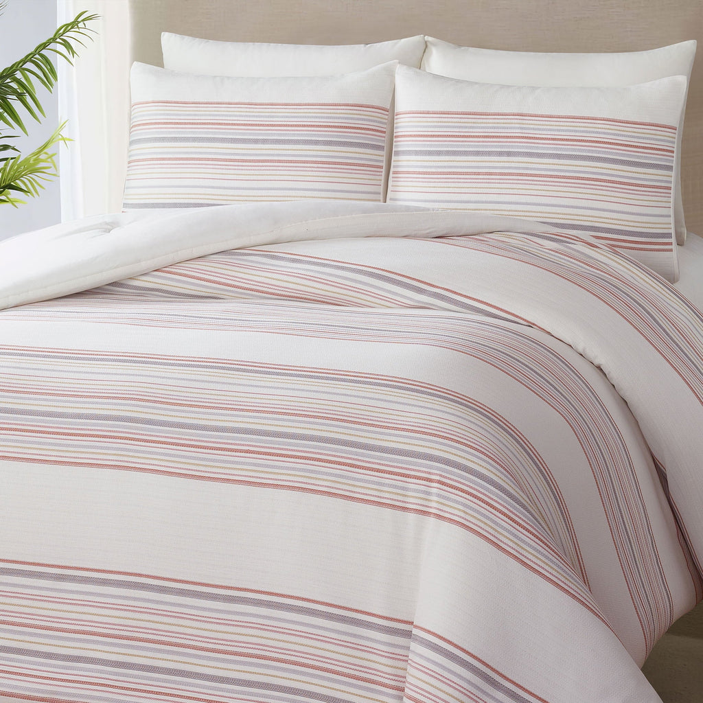 Heavyweight Warmth 3-Piece Red Yarn Dye Stripe Comforter Set, Full/Queen - Luxurious Quilted Duvet Cover Set Detail
