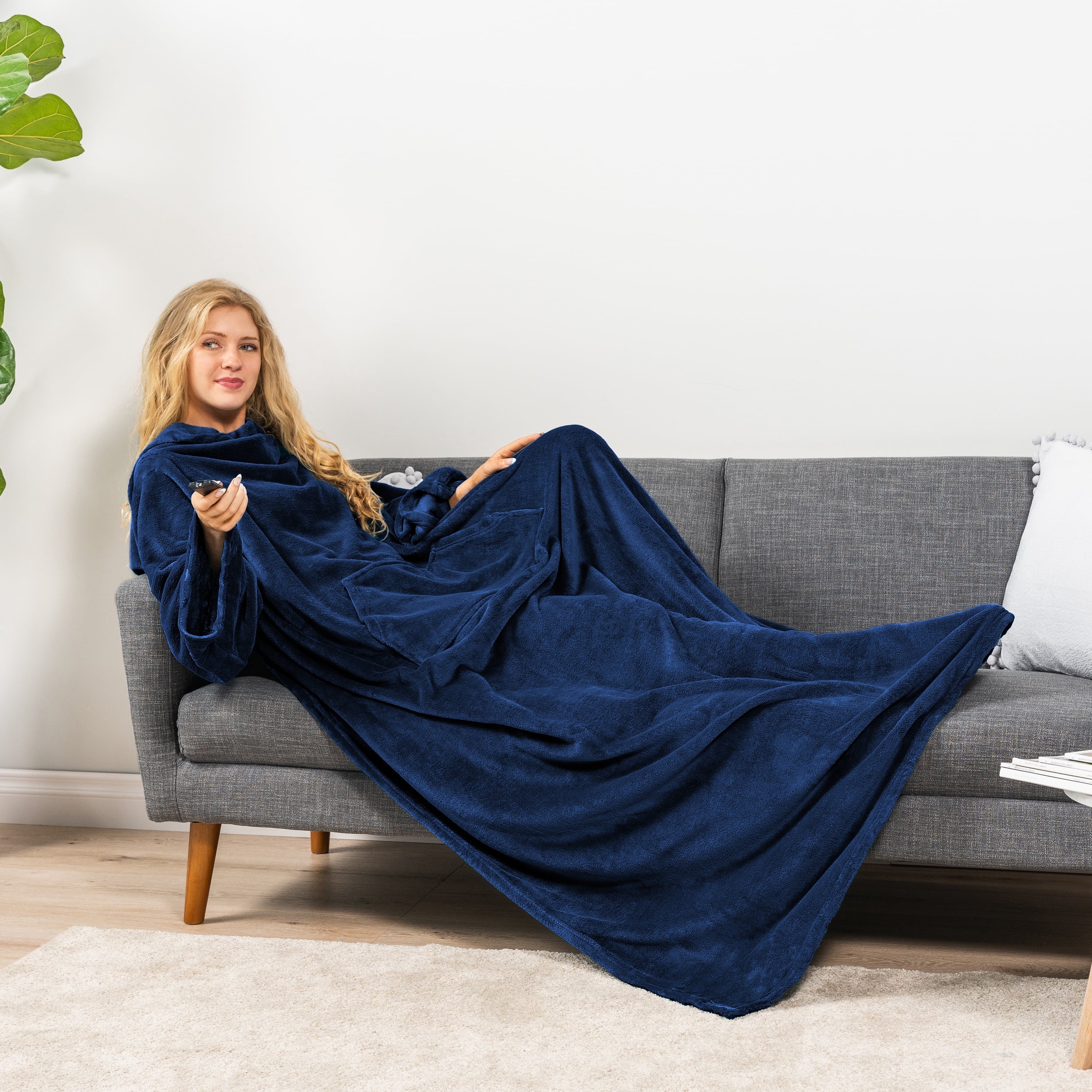 Decorative Knitted Navy Blue Fleece Wearable Blanket with Sleeves for Adults Women Men, Soft Warm Full Body Wrap Throw, Sweatshirt Pocke... - Luxury Knitted Decorative Throw Blanket with Fringes Detail