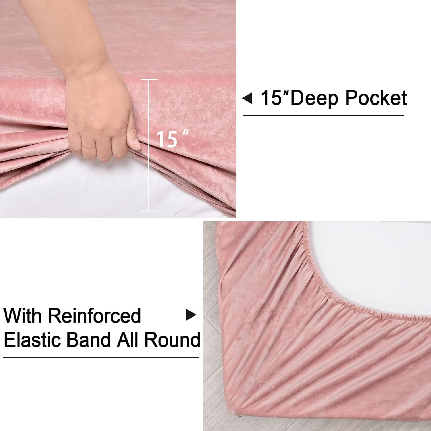 Cooling Sateen Truly Velvet Fitted Sheet Twin Size, Luxury Super Soft Flannel Bottom Sheet with 15" Deep Pocket for Winter, Pink - Premium Ultra-Soft Pillowcase Pair for Sleeping Detail