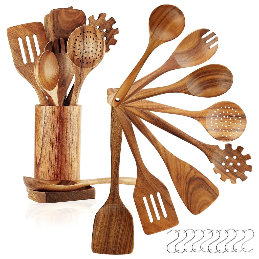 Non-Stick Safe 10Pcs Wooden Spoons for Cooking, Smooth Finish Teak Wooden Utensils for Cooking, Soft Comfort-Grip Wood Spoons for Co... - Premium Stainless Steel Cooking Utensil for Non-Stick Pots - Default Title