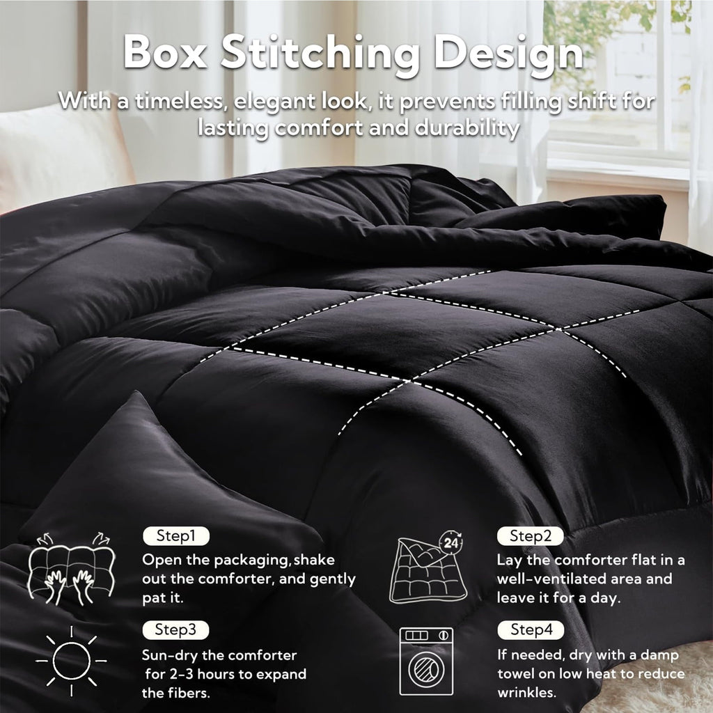 Fluffy Down Alternative Reversible Satin Microfiber Comforter 3 Pieces Queen Size, Black Queen Comforter Set for All Seasons, Silky Soft Sati... - All-Season Down Alternative Comforter Insert Detail