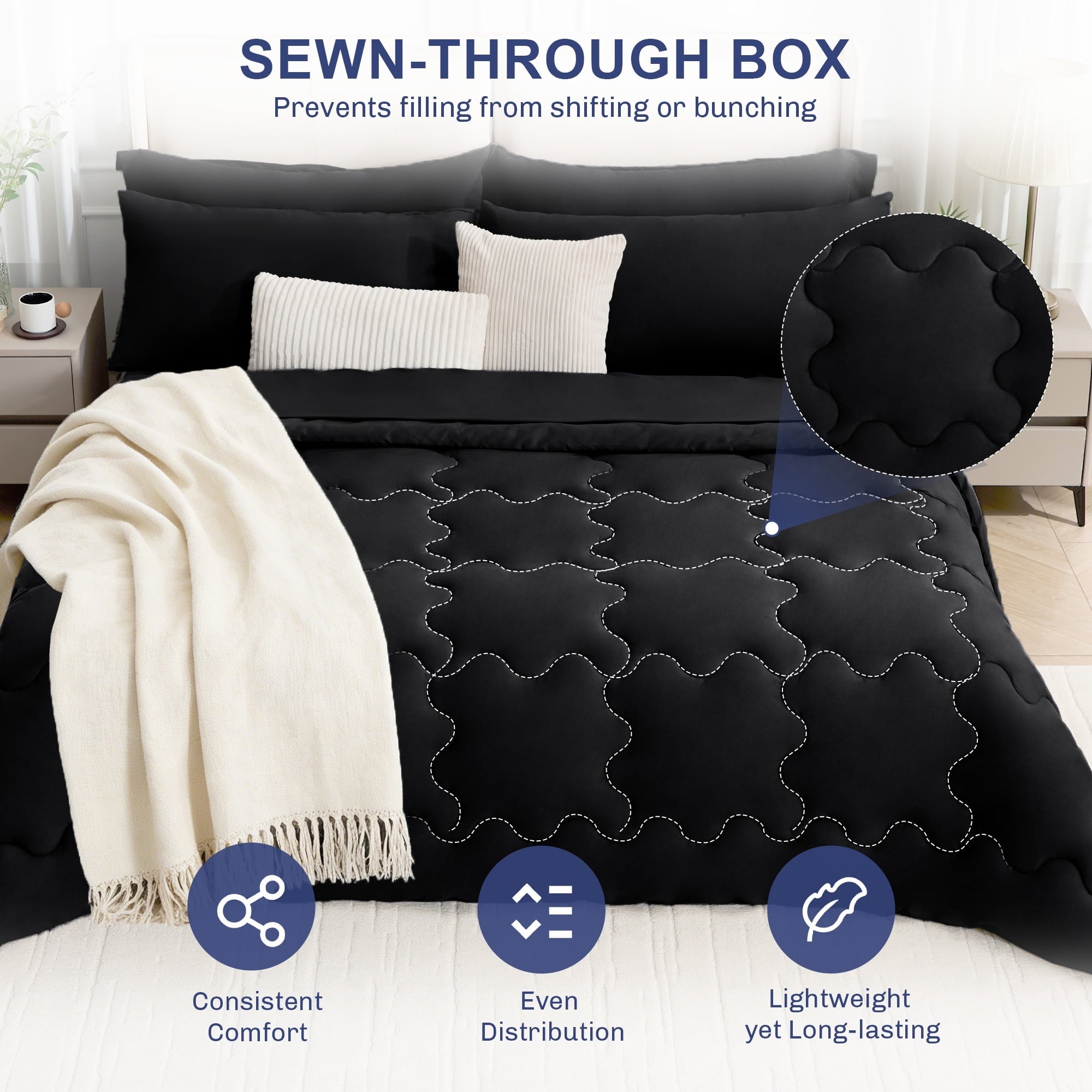 All-Season 7 Pieces Comforter Set Full，Bed in A bag，All Seasons Bedding sets with Comforter,Fitted Sheet,Flat Sheet,Pillowcases ... - Luxurious Quilted Duvet Cover Set Detail