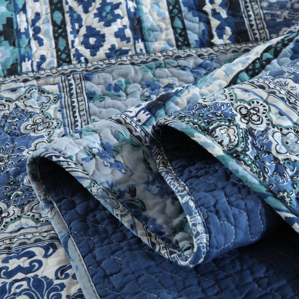 Heavyweight Warmth Quilt Comforter Cotton Bedding Set With Shams, Vintage Blue, King - Luxurious Quilted Duvet Cover Set Detail