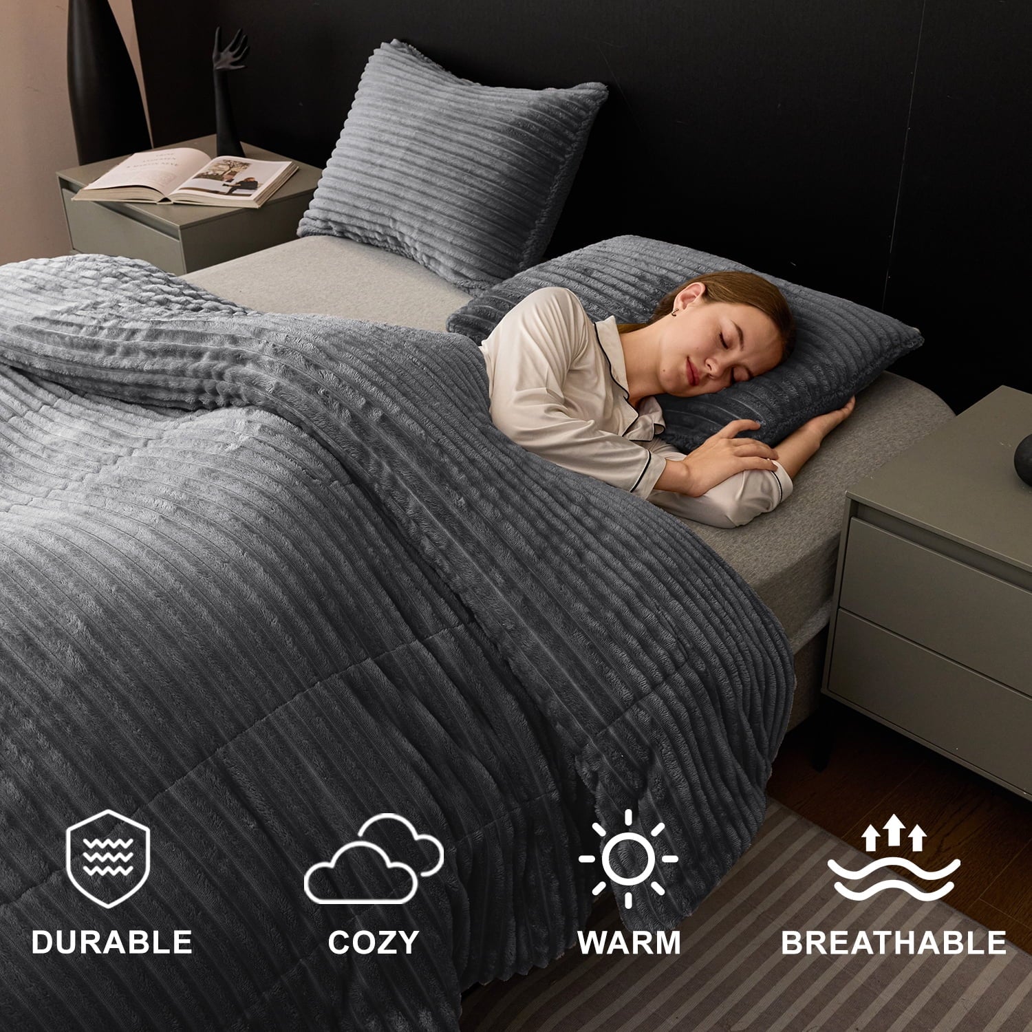 Fluffy Down Alternative 3 Piece Fleece Queen Comforter Set - Soft & Warm Fluffy Dark Gray Sherpa Bedding , Fuzzy Heavy Double Sided Design Wi... - Luxurious Quilted Duvet Cover Set Detail