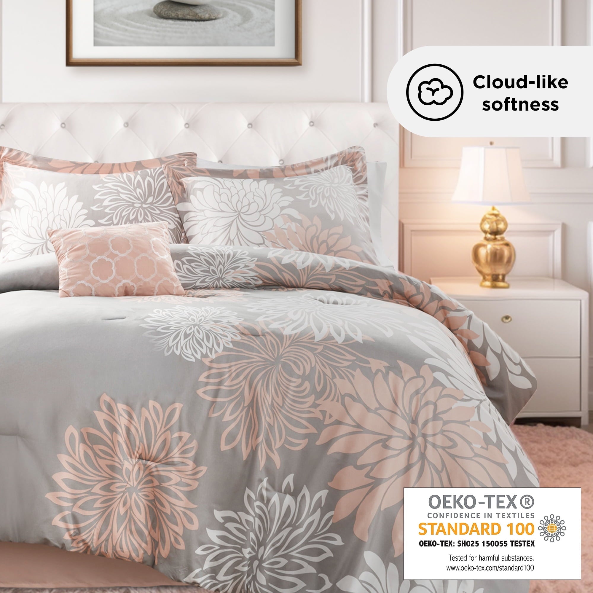 All-Season King Size Comforter Set, 5-Piece Floral Bedding Set for All Season, Blush Comforter Set King with Bed Skirt - All-Season Down Alternative Comforter Insert Detail
