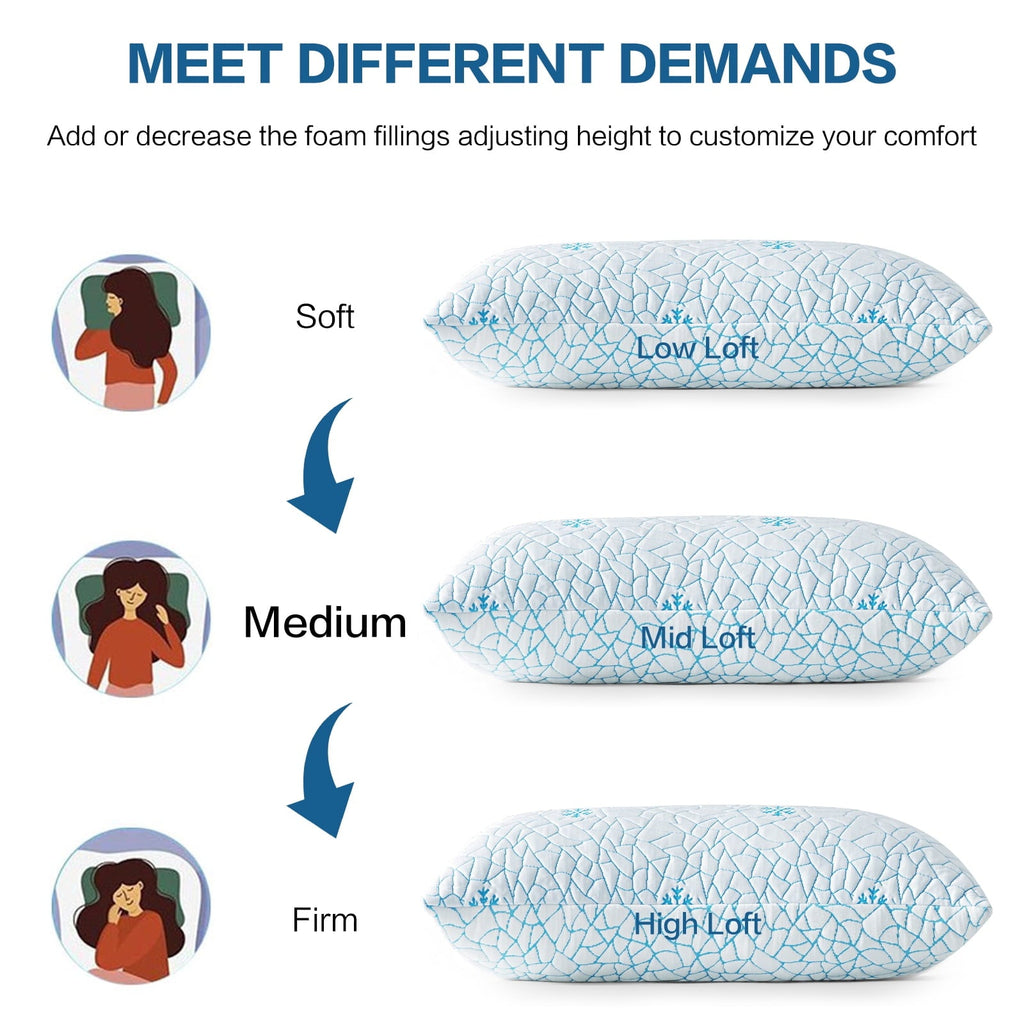 Orthopedic Support Cooling Memory Foam Queen Pillows Set of 2,Adjustable Support & Heat Dissipation Tech for Side,Back,Stomach & Hot Sle... - Decorative Throw Pillow Cushion for Sofa & Bed Detail