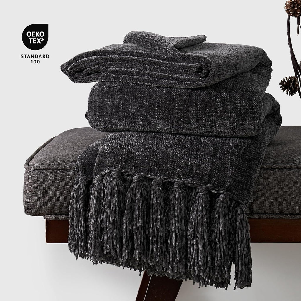 Lightweight Warm Soft Chenille Throw Blanket for Couch, Cozy Plush Fuzzy Decorative Chenille Knit Throw Blanket with Tassels, Lightwei... - Lightweight Plush Warm Blanket for All Seasons Detail