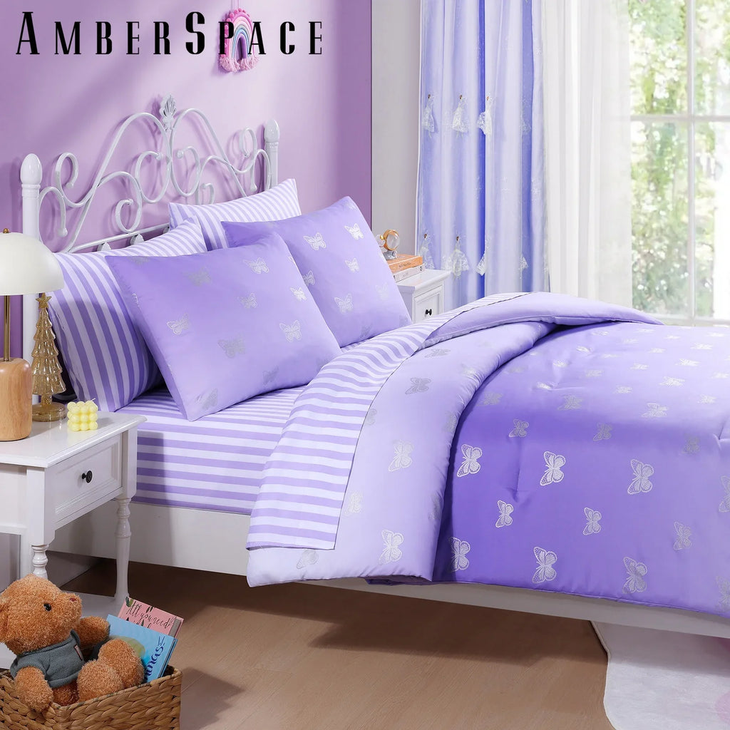 Luxurious Quilted gold foil Design 7-piece Bed in a Bag Comforter Set with Sheets,Purple/Silver Butterflies,Full - All-Season Down Alternative Comforter Insert Detail