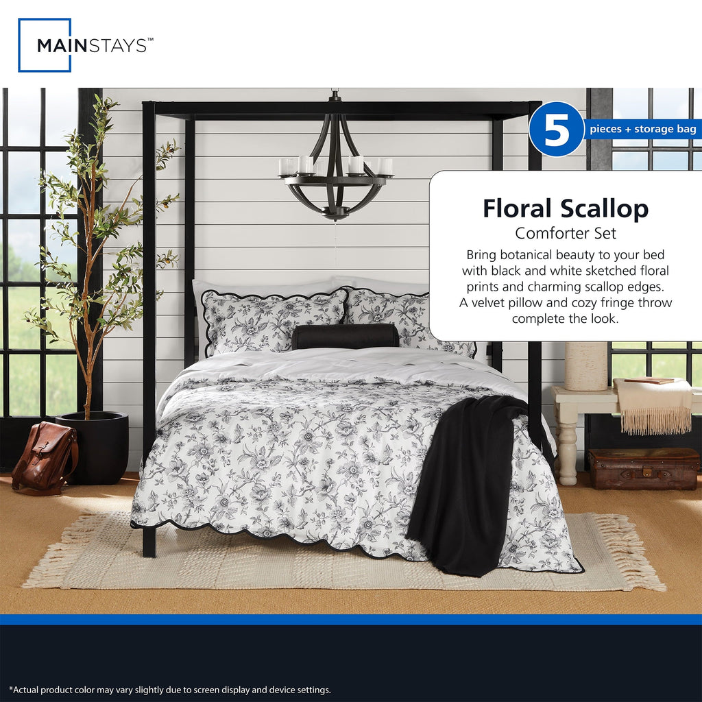 Fluffy Down Alternative Floral Scallop 4-Piece White/Black Comforter Set, Twin/Twin XL - All-Season Down Alternative Comforter Insert Detail