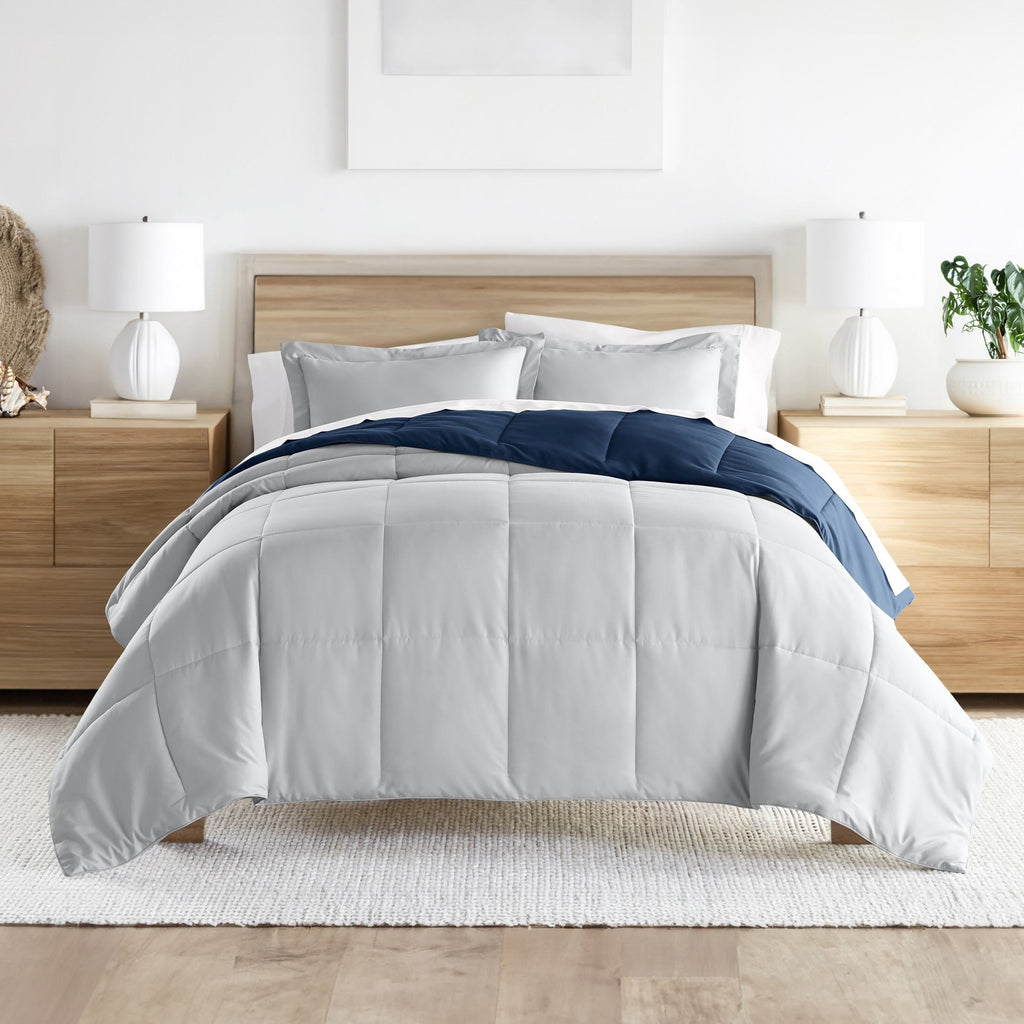 All-Season 2-Piece Navy & Gray Reversible Down Alternative Comforter Set, Twin/Twin XL - Luxurious Quilted Duvet Cover Set Detail