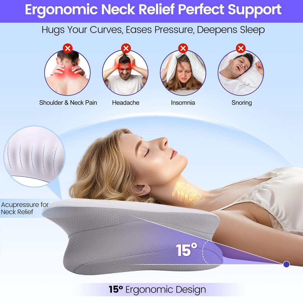 Hotel Collection Ergonomic Cervical Pillows，Memory Foam Bed Pillow for Neck & Shoulder Pain Relief for Side Back Stomach Sleepers White - Decorative Throw Pillow Cushion for Sofa & Bed Detail