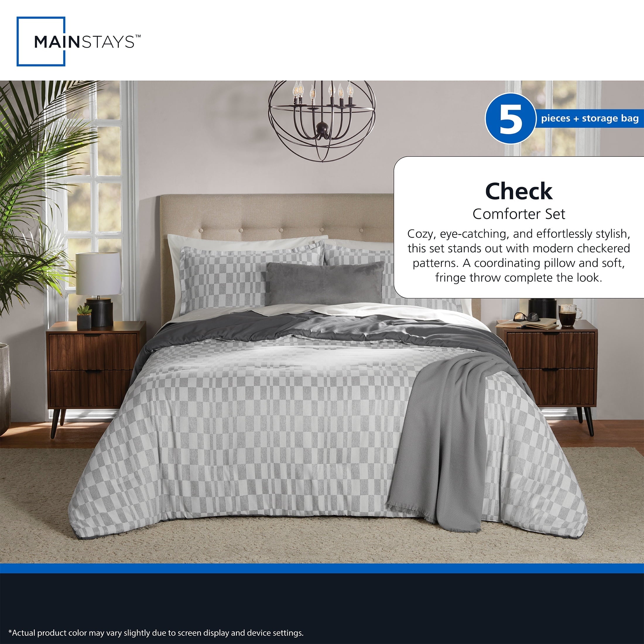 All-Season Full/Queen Comforter Set, All-Season, 5-Piece, Soft Silver Check - Cloud-Like Soft Lightweight Bed Comforter Detail