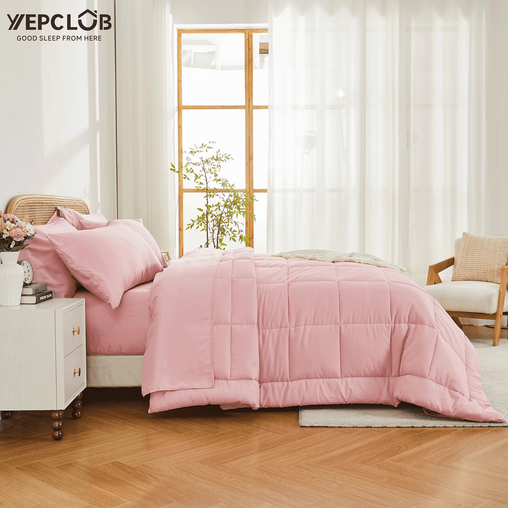 Heavyweight Warmth 7-Piece Queen Size Comforter Set,Pink Reversible Bed in a Bag,All Season Solid Bedding Set with Sheets,Pillowcases & ... - Luxurious Quilted Duvet Cover Set Detail