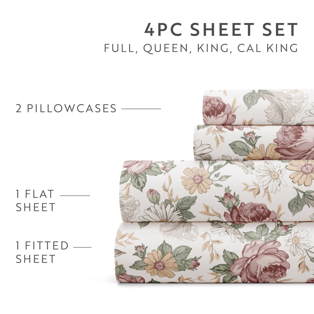 Breathable Luxury 4 Piece Pattern Microfiber Bed Sheets Set, Blooming Floral Rose, Queen - Luxury Bed Sheet Set with Deep Pockets Detail