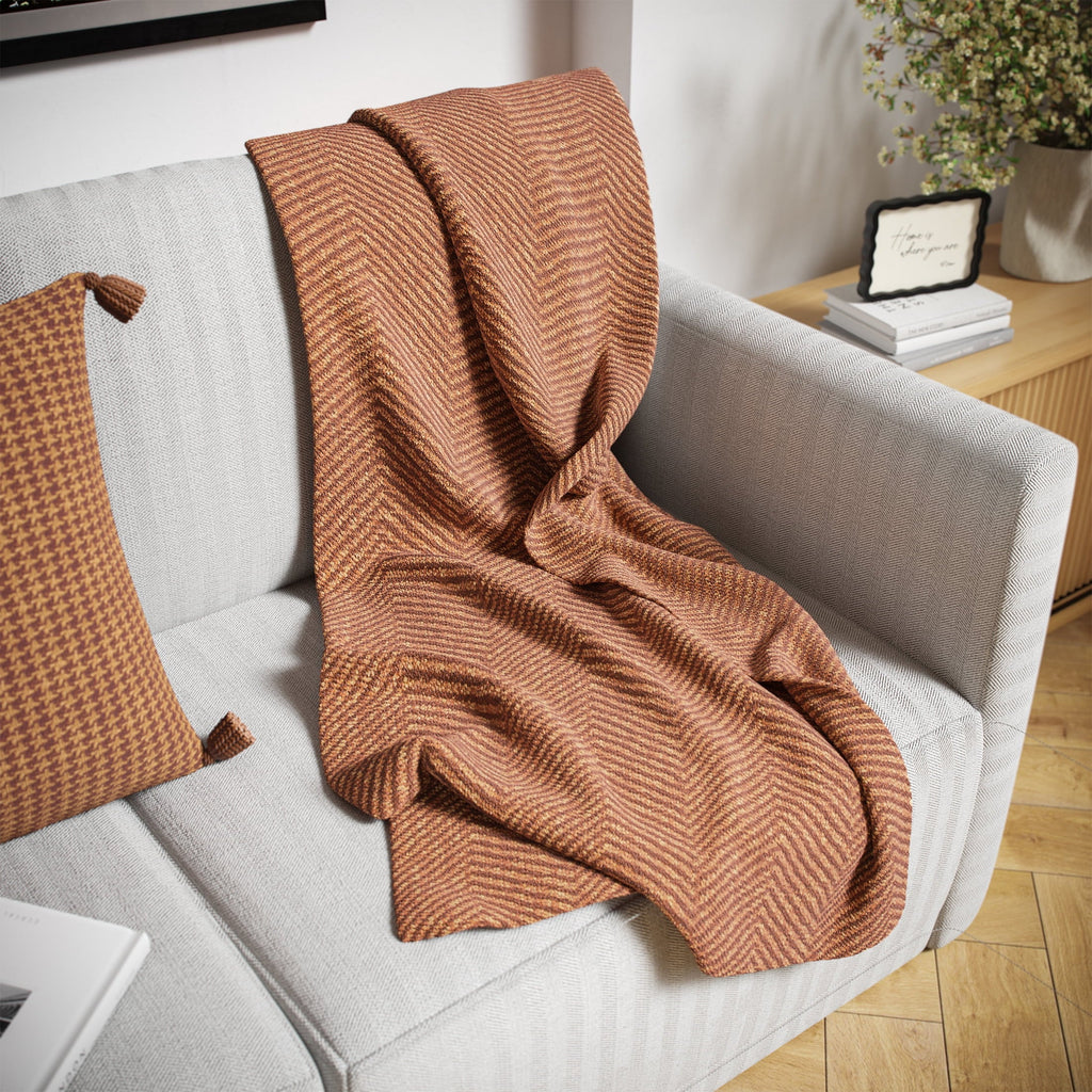 Lightweight Warm Beautiful Rust Woven Herringbone Throw , 50" x 60" - Luxury Knitted Decorative Throw Blanket with Fringes Detail