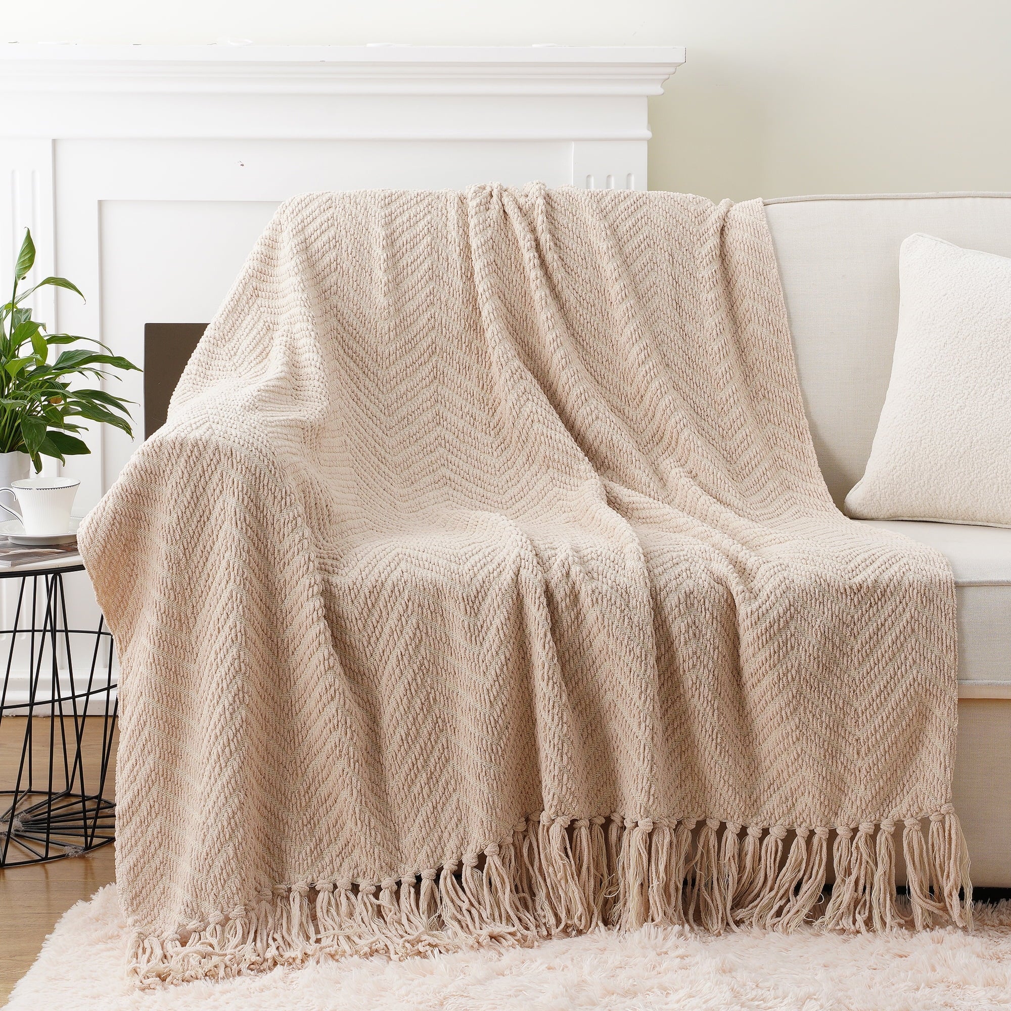 Lightweight Warm Beige Throw Blanket,Textured Knitted Tan Throws with Tassels,Neutral Sofa Bed Throws,50"x60" - Cozy Fleece Throw Blanket for Couch & Bed Detail