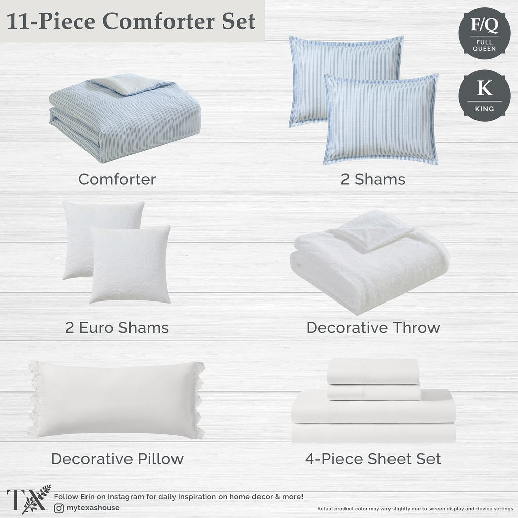 Hypoallergenic Cloud Stripe 11-Piece Comforter Set with Sheets, Blue, Queen - Hypoallergenic Ultra-Fluffy Quilt for Winter Detail