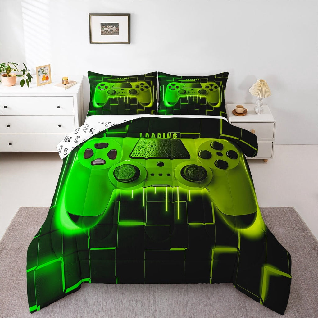 Hypoallergenic Cloud Green Yellow Gaming Full Size Comforter Sets - Gamer Comforter Full Size Bedding Set, Neon Lights Abstract Geometry D... - Cloud-Like Soft Lightweight Bed Comforter Detail