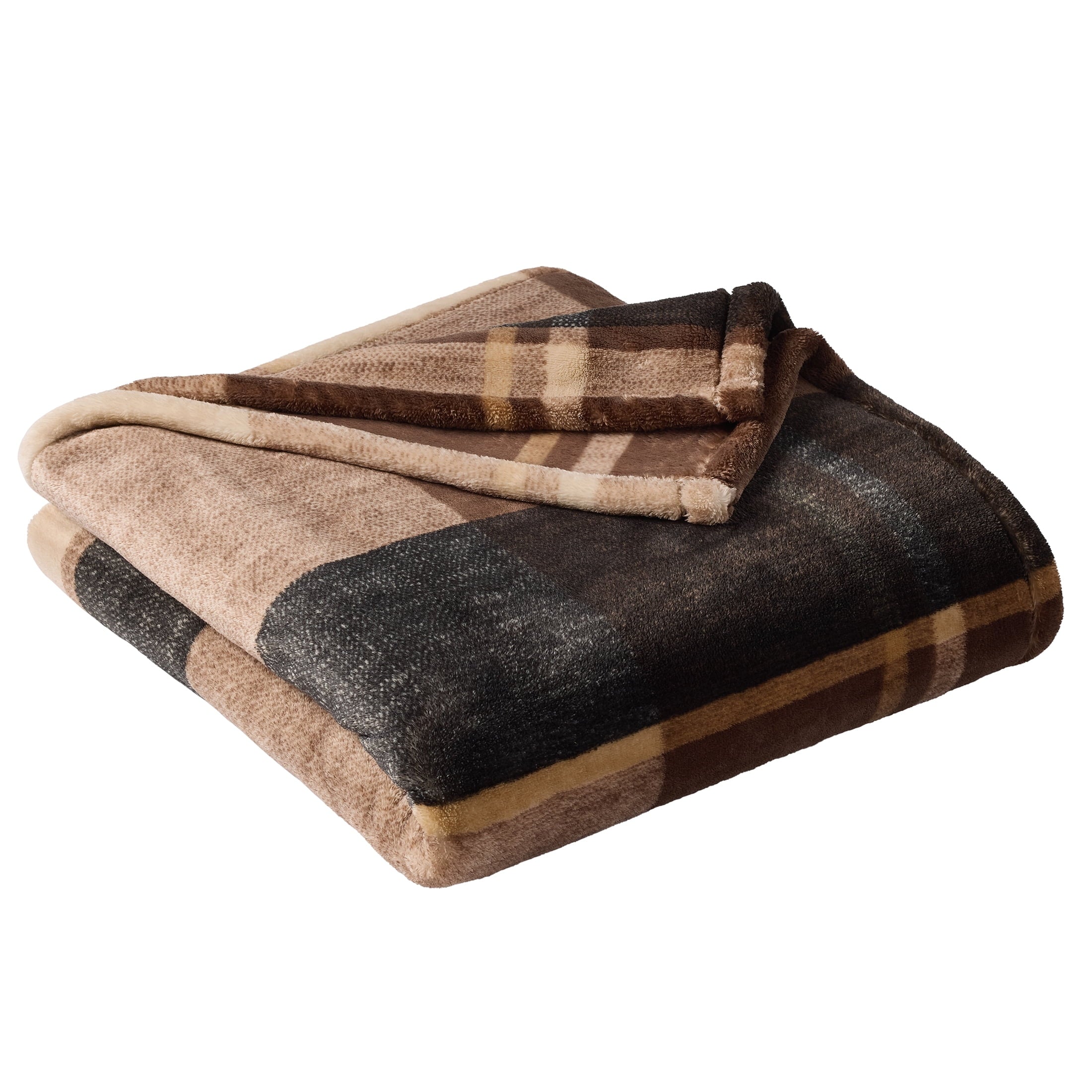 Reversible Sherpa Printed Velvet Plush Super Soft Throw Blanket, Oversized, Shelton Brown Plaid - Luxury Knitted Decorative Throw Blanket with Fringes Detail