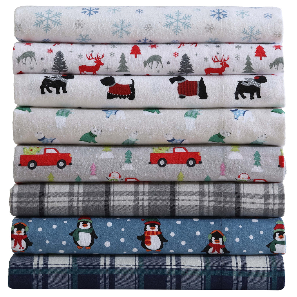 Wrinkle-Resistant Winter Nights Cotton Flannel Sheet Set, King, Holiday Bears - Premium Ultra-Soft Pillowcase Pair for Sleeping Detail