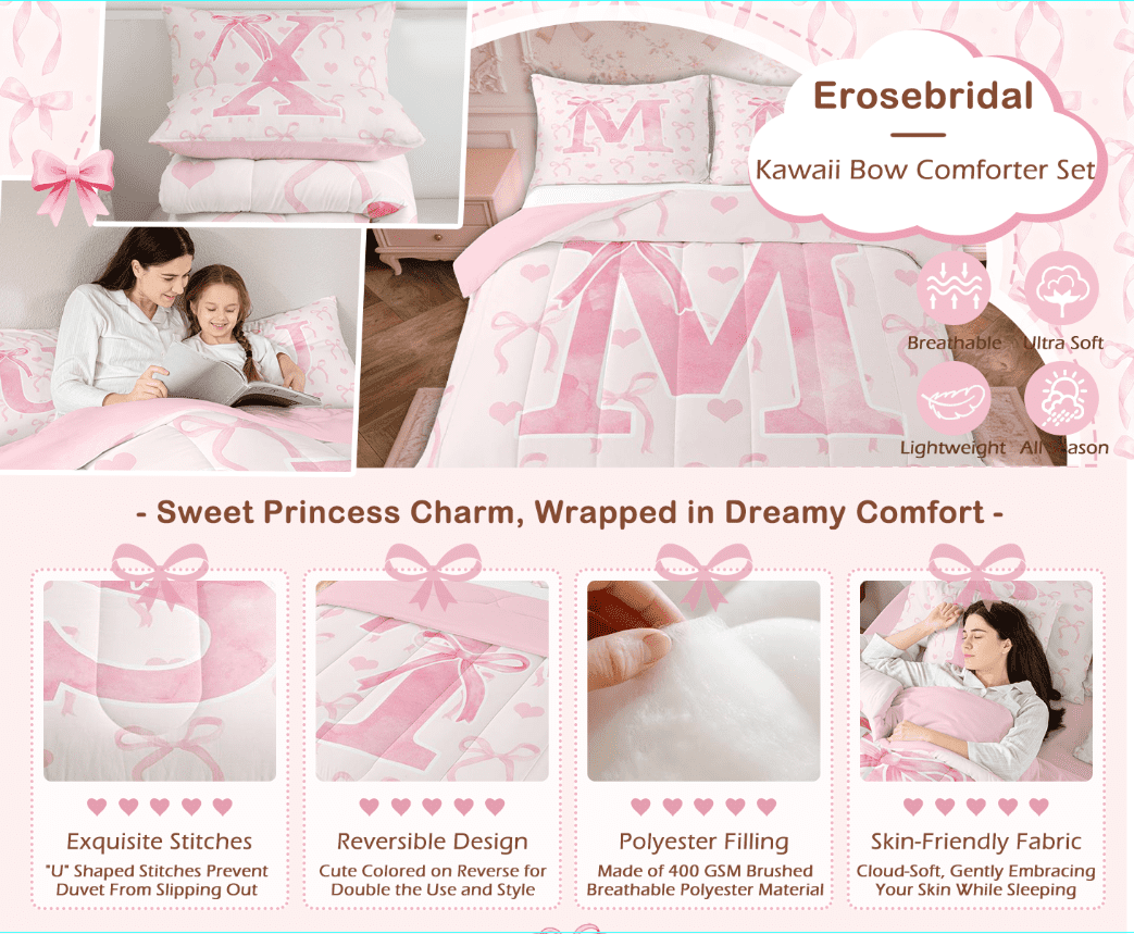 Fluffy Down Alternative Kawaii Bowknot Bedding Sets Full with Comforter, Initial H Duvet Insert, Romantic Initial A-Z Decor, Reversible - Luxurious Quilted Duvet Cover Set Detail
