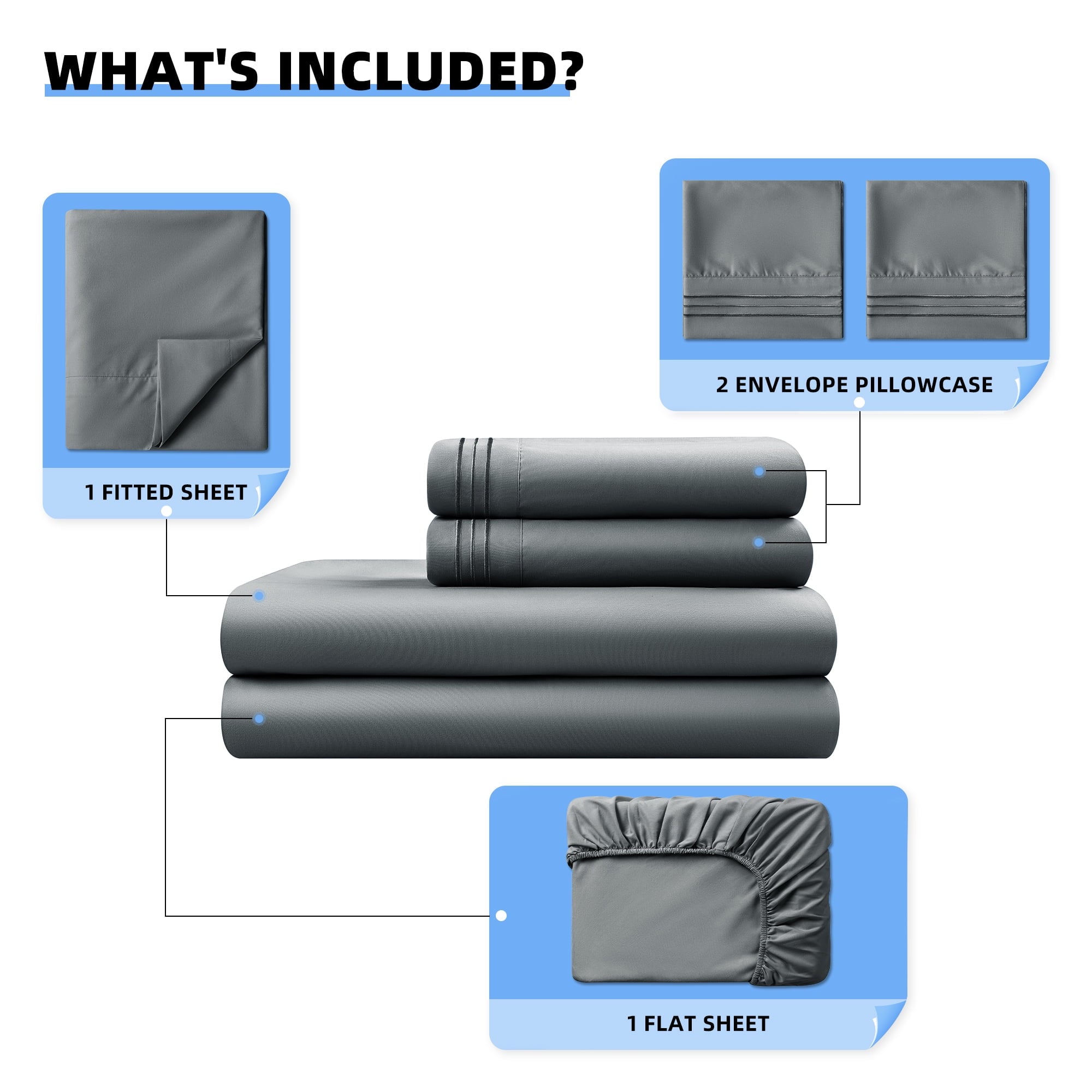 Breathable Luxury Shilucheng 4 Pieces Luxury Bed Sheets Set, Plush Microfiber Bed Sheets, 16" Deep Pocket, Queen, Dark Gray - Luxury Bed Sheet Set with Deep Pockets Detail