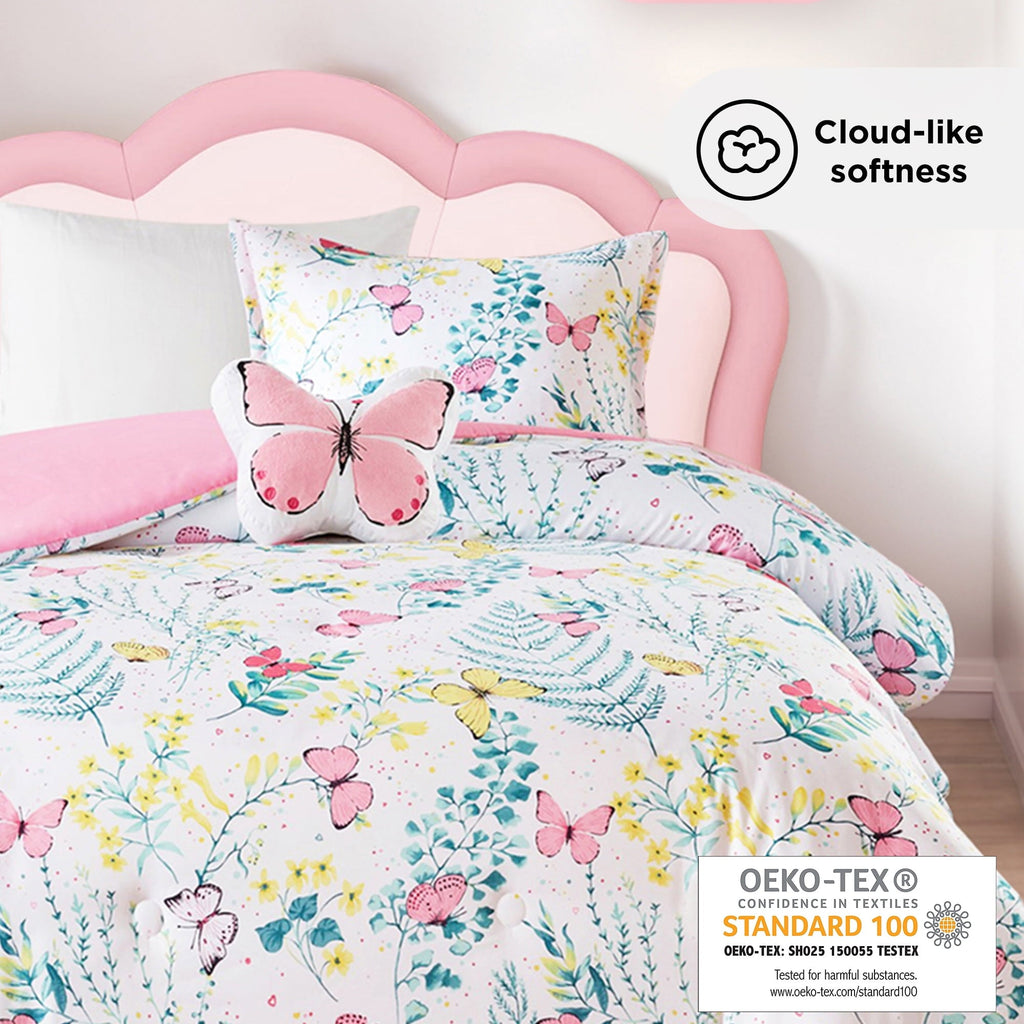 Hypoallergenic Cloud Full/Queen Size Comforter Sets, 4-Piece Kids Bedding Set for Girls, Butterfly Floral Comforter Bed Set, White/Pink - Luxurious Quilted Duvet Cover Set Detail