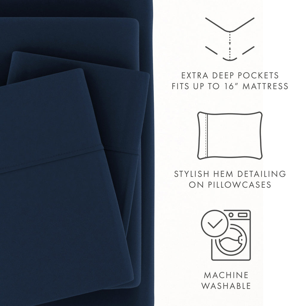Breathable Luxury 4 Piece Solid Microfiber Bed Sheet Set, Navy, Queen - Breathable Egyptian Cotton Flat & Fitted Sheets Detail