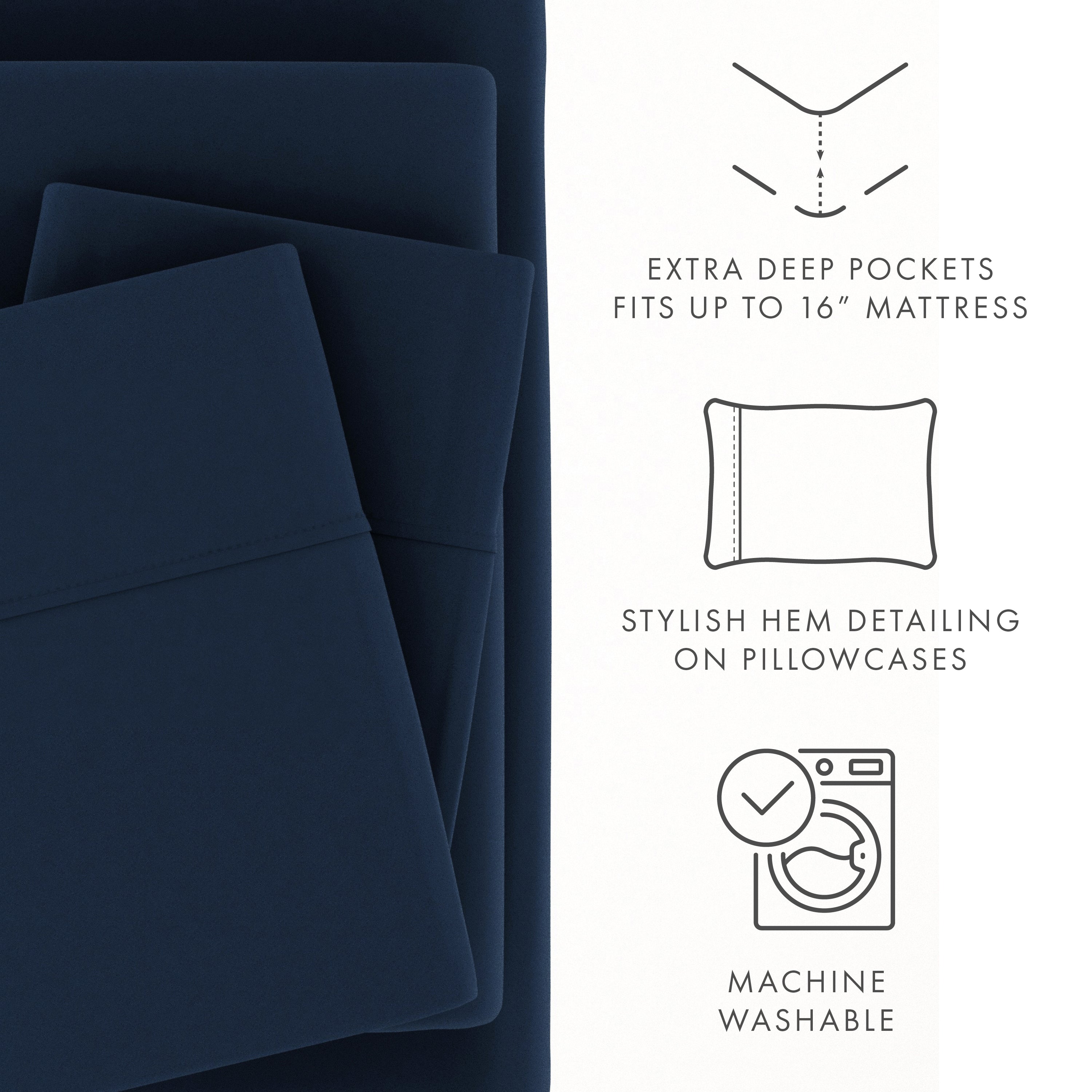 Breathable Luxury 4 Piece Solid Microfiber Bed Sheet Set, Navy, Queen - Breathable Egyptian Cotton Flat & Fitted Sheets Detail