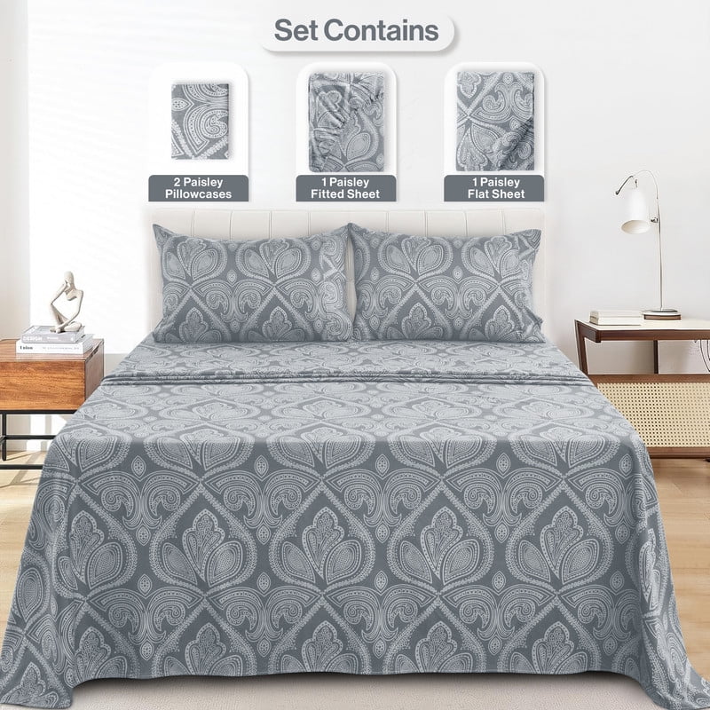 Premium Egyptian Cotton Lux Decor 4 Piece Queen Sheet Set, Brushed Microfiber Paisley Printed Bed Sheet Set with up to 16" Deep Pocket Fitted... - Cooling Hotel Quality Bedding Sheets and Pillowcases Detail