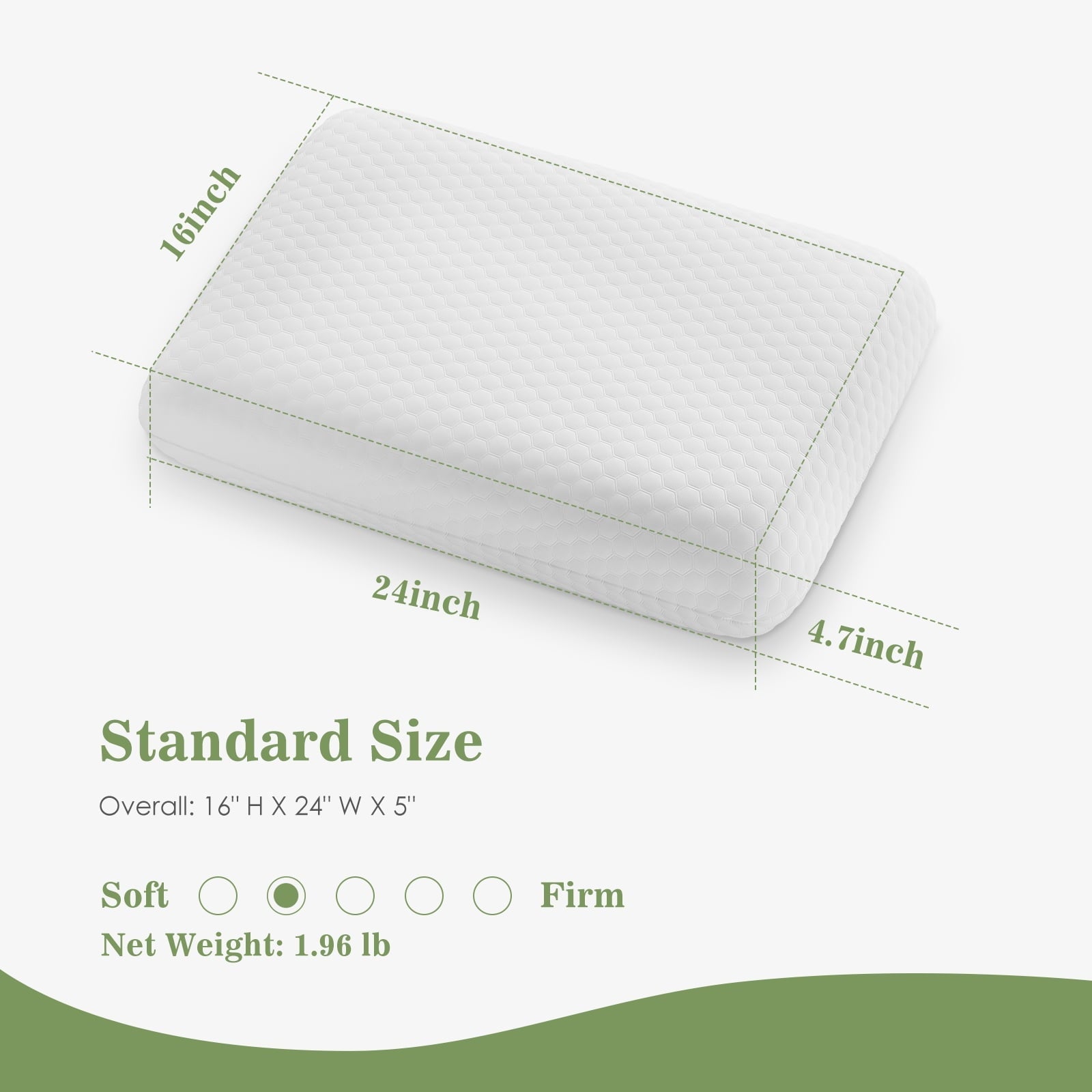 Hotel Collection Memory Foam Pillow for Sleeping, 24"D x 16"W x 4.7"H, Soft Supportive Hotel Pillow for Bed, Washable Cover, Set of 2 - Ergonomic Memory Foam Pillow for Neck Pain Support Detail