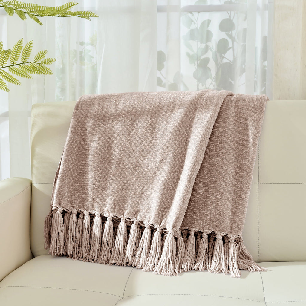Cozy Fleece Chenille Throw Blanket with Fringe Tassel for Couch Sofa Chair Bed, Taupe 50" X 60" - Super Soft Reversible Sherpa Flannel Blanket Detail