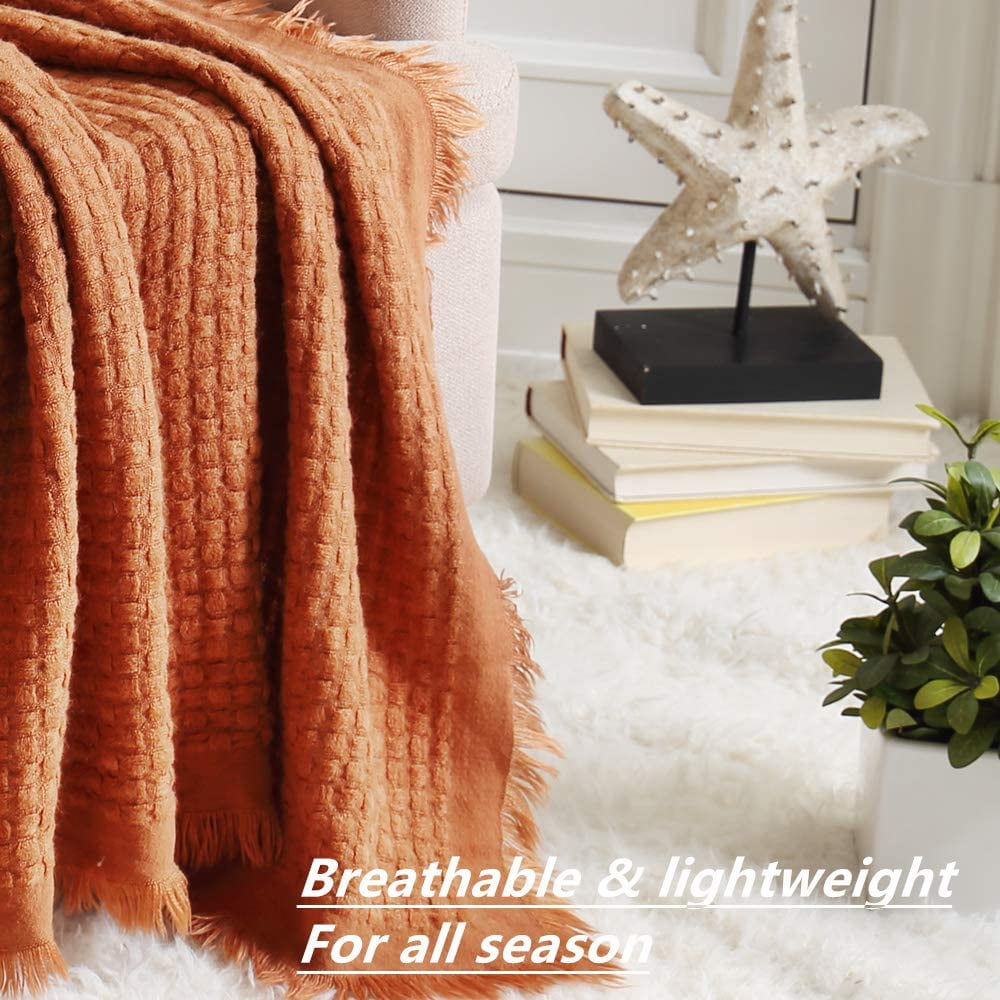 Reversible Sherpa Farmhouse Rust Knit Throw Blanket for Couch Sofa Chair Bed Home Decoration, Soft Warm Cozy Light Weight for Spring Su... - Luxury Knitted Decorative Throw Blanket with Fringes Detail