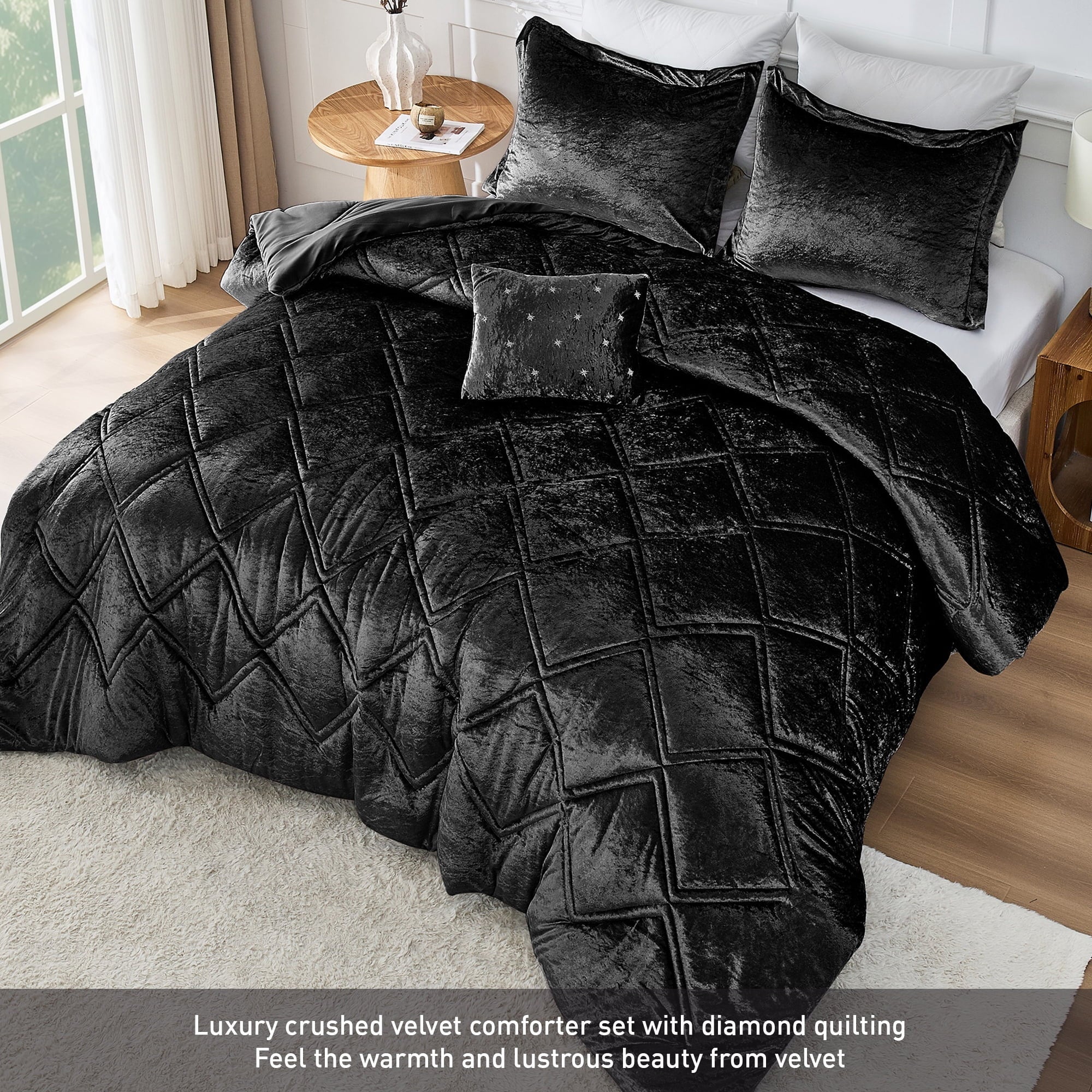 Heavyweight Warmth King/Cal King Size Comforter Sets, Velvet Bedding Comforter Set for All Seasons, Black Bedding Set with Decor Pillow - Cloud-Like Soft Lightweight Bed Comforter Detail