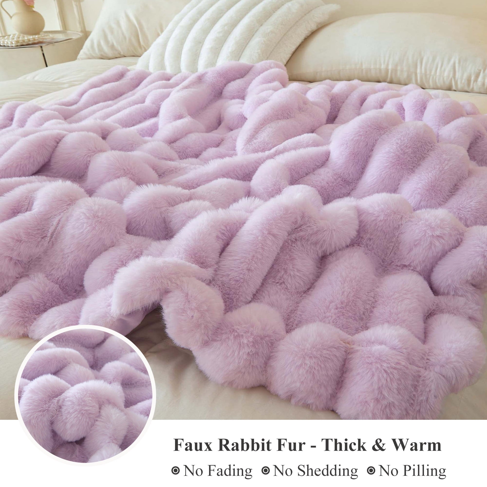 Decorative Knitted Fluffy Faux Rabbit Fur Throw, Cozy Wide Stripe Plush Fuzzy Blanket for Bed Couch Sofa Chair, Light Purple Shaggy Thro... - Cozy Fleece Throw Blanket for Couch & Bed Detail