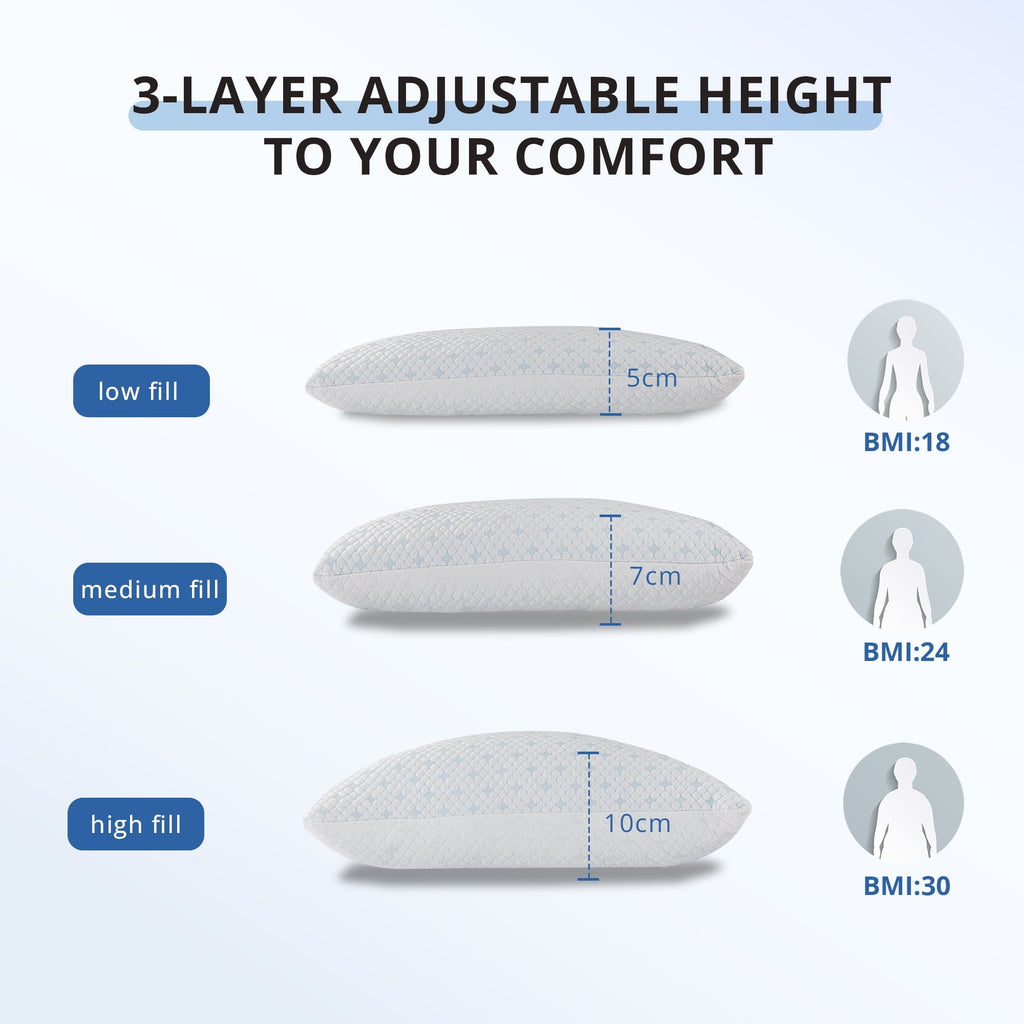 Decorative Plump 2-Pack Adjustable Cooling Bed Pillows, Shredded Memory Foam Pillows Set of 2, Standard Queen, Dual Sides - Ergonomic Memory Foam Pillow for Neck Pain Support Detail