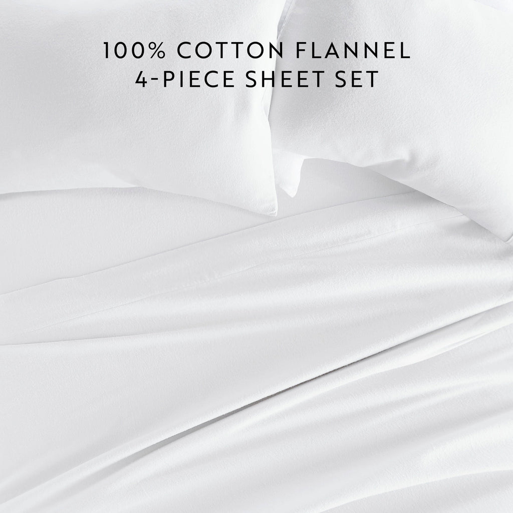 Wrinkle-Resistant 100% Cotton Flannel Bed Sheets Set for Full Size Bedding in White - Luxury Bed Sheet Set with Deep Pockets Detail