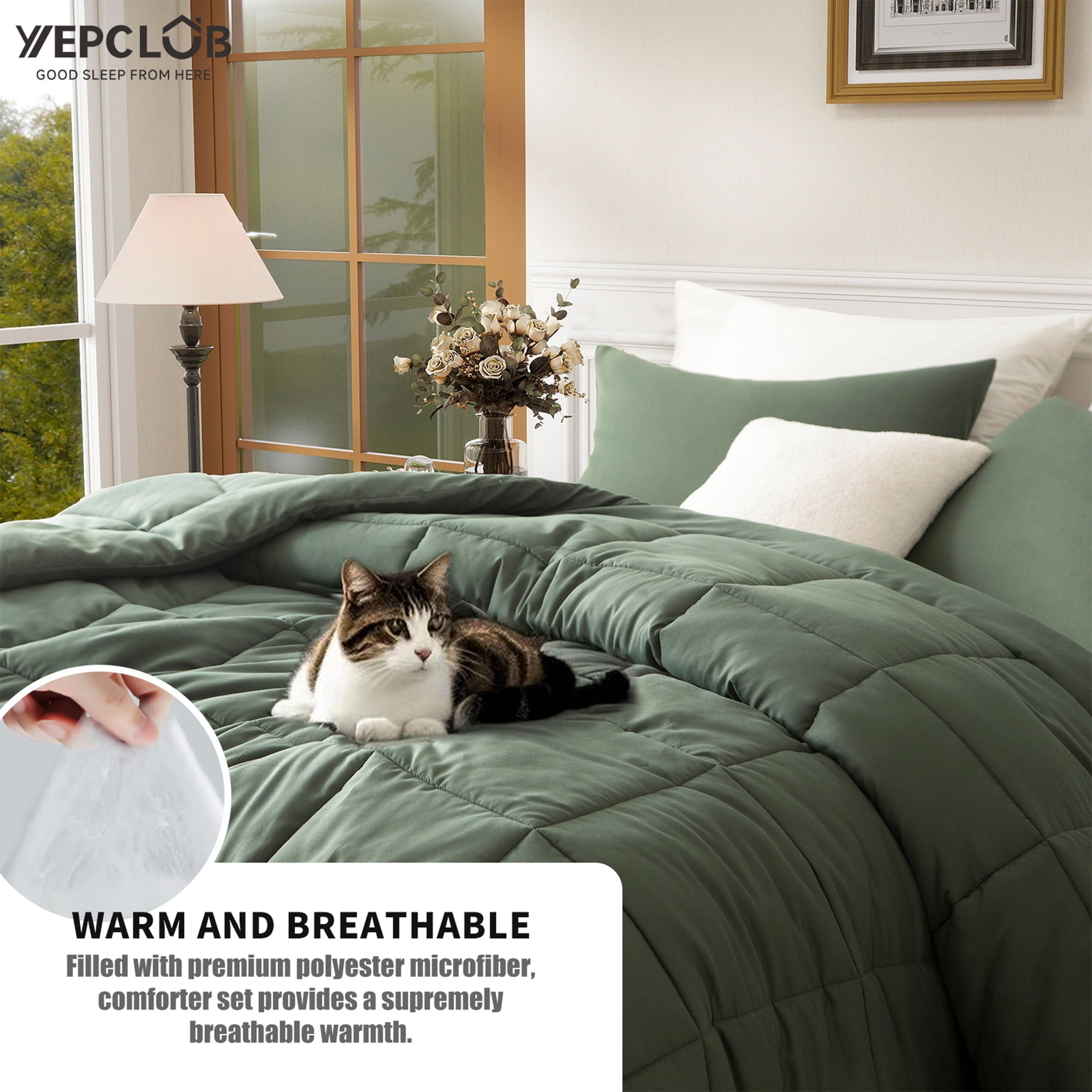 Hypoallergenic Cloud 3-Piece Twin Size Comforter Set, Green Down Alternative Reversible Bedding Set, All-Season Quilted Soft Comforter wit... - Luxurious Quilted Duvet Cover Set Detail