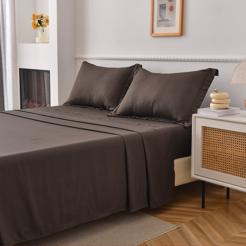 Premium Egyptian Cotton Bed Sheets Set 4 Piece Queen/Full Sheet Set Brown Gray Cotton Blend Fitted Sheet, Flat Sheet & 2 Pillowcases Bedding Set - Luxury Bed Sheet Set with Deep Pockets Detail
