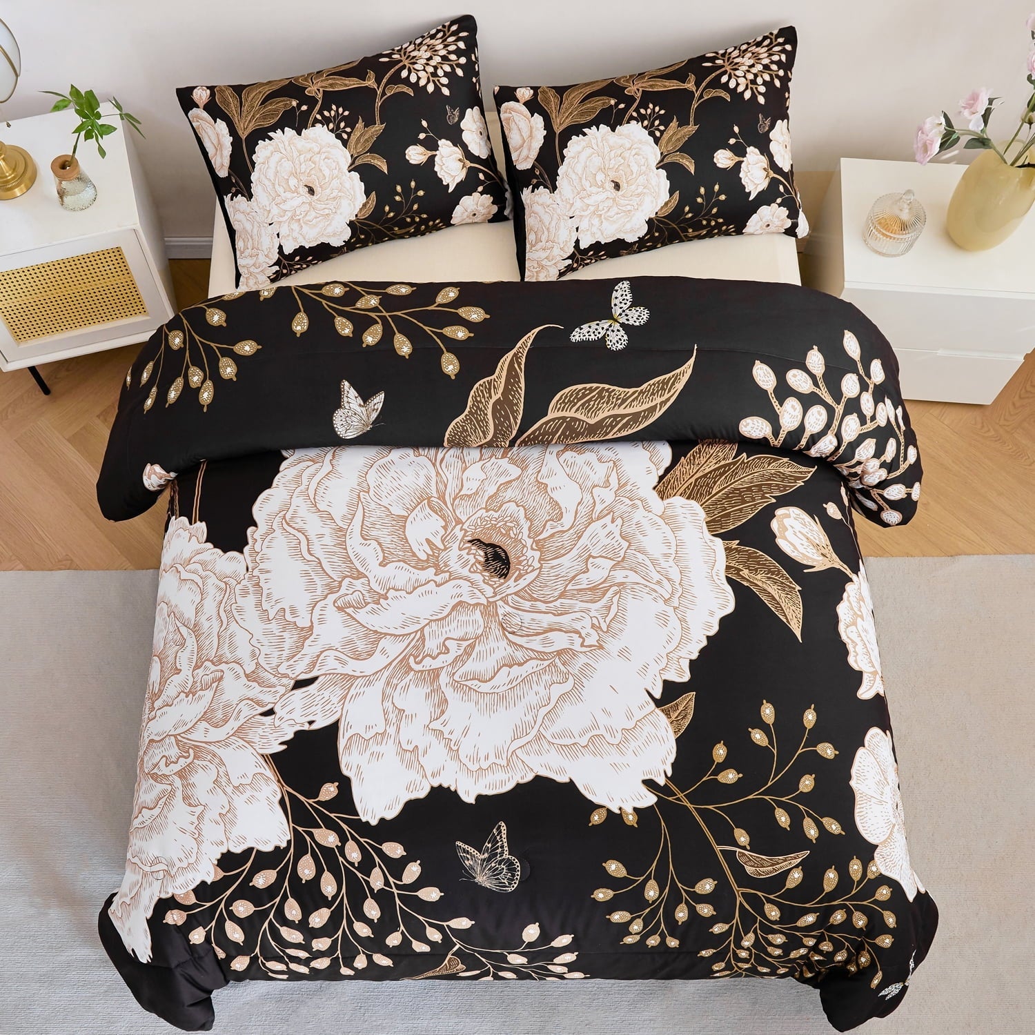 All-Season Black Floral Comforter Set Queen, Printed Comforter White Flowers Butterfly Bedding Set, 3 Pieces Botanical Reversibl... - All-Season Down Alternative Comforter Insert Detail