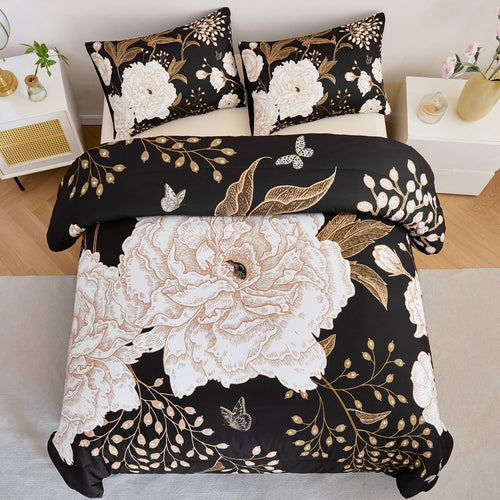 All-Season Black Floral Comforter Set Queen, Printed Comforter White Flowers Butterfly Bedding Set, 3 Pieces Botanical Reversibl... - All-Season Down Alternative Comforter Insert Detail