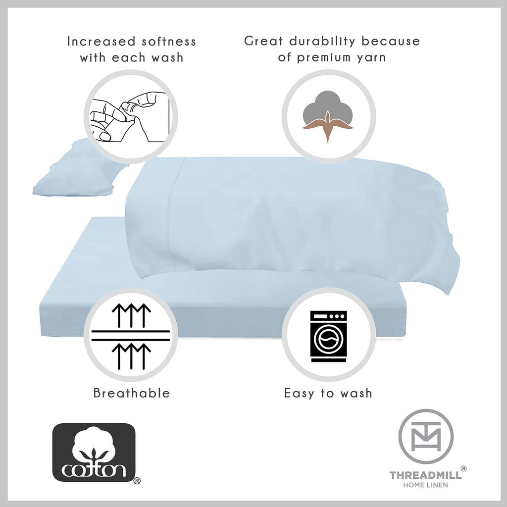 Premium Egyptian Cotton 100% Cotton King Bed Sheets Set - 4-Piece, 300 Thread Count, Lightweight Sateen, Light Blue - Breathable Egyptian Cotton Flat & Fitted Sheets Detail