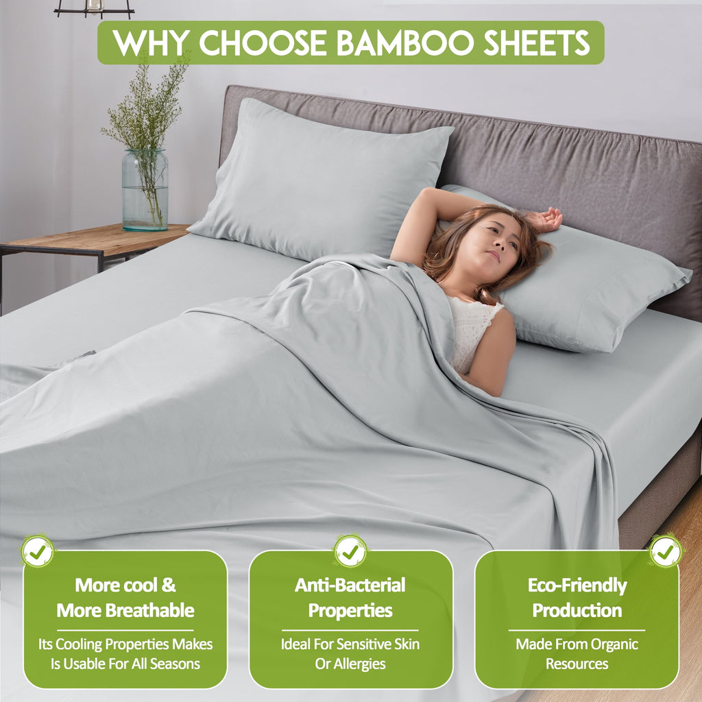 Wrinkle-Resistant Rayon - 4 Piece Cooling Bed Sheets Set, Gray - Luxury Bed Sheet Set with Deep Pockets Detail