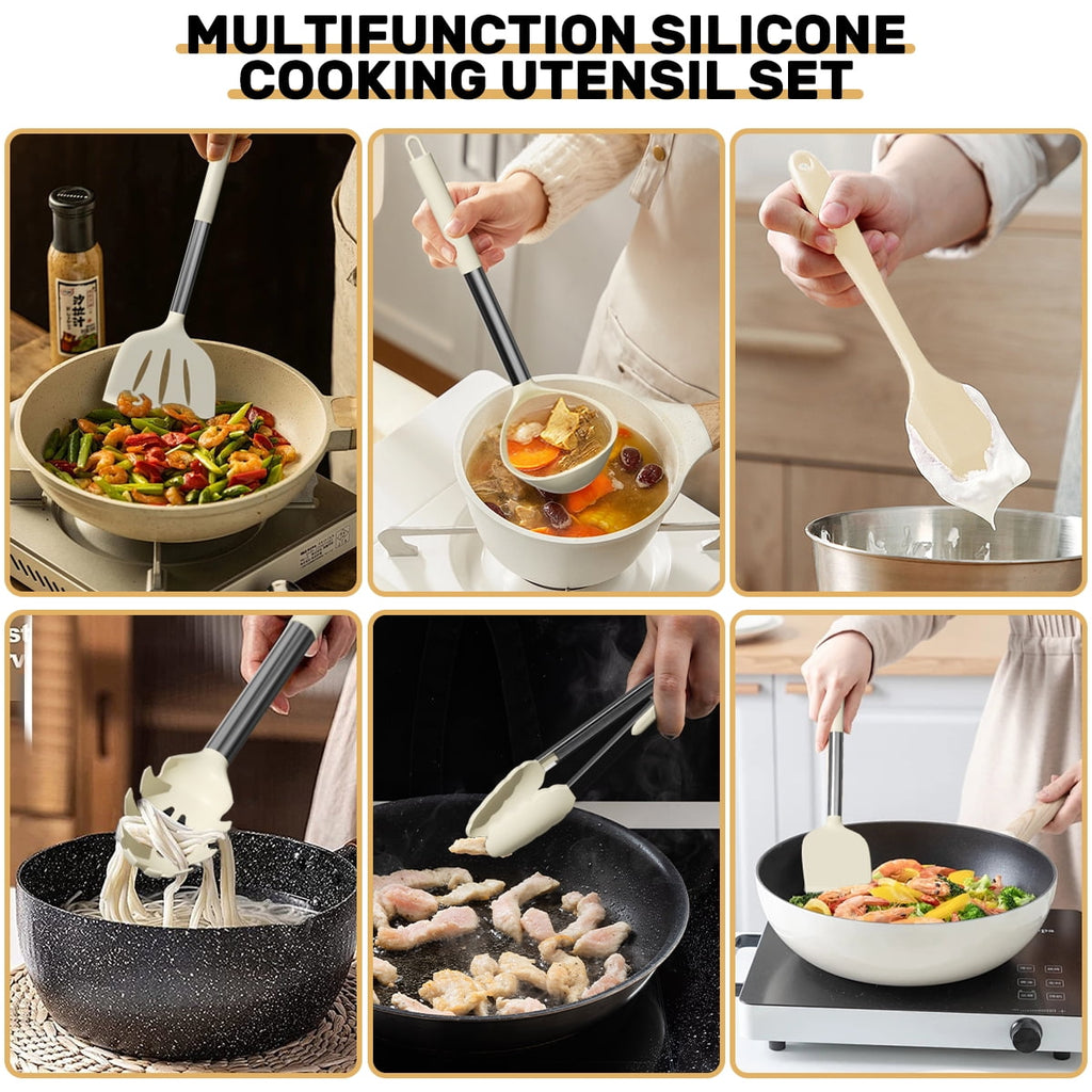 Seamless One-Piece Silicone Cooking Utensil Set, 30 Pcs Kitchen Utensils Set with Stainless Steel Handle, Food Grade Silicone Spatula Se... - Ergonomic Kitchen Tongs and Cooking Spoon Utensil Detail