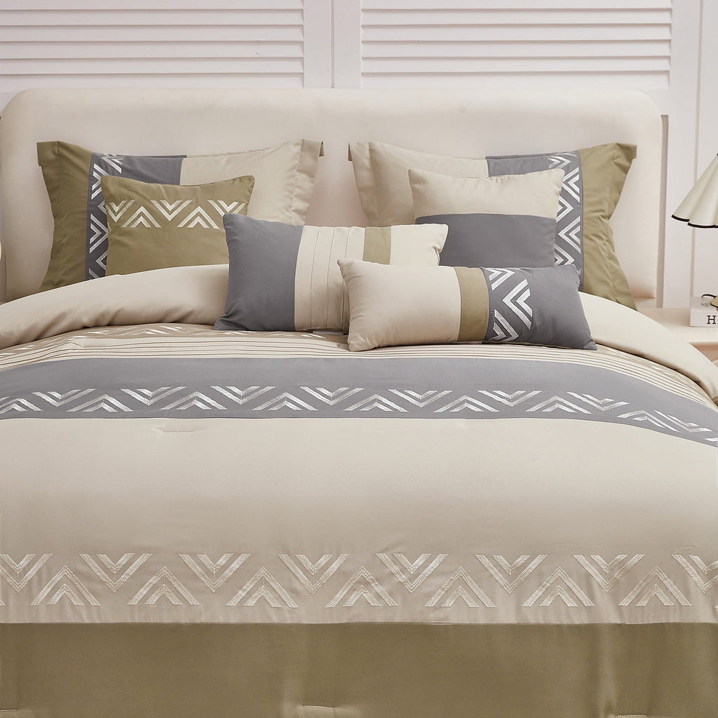 Heavyweight Warmth 7 Piece Embroidery Design Bed-in-a-Bag, Taupe Queen Size Ultra Soft Comforter Set for Adults - Luxurious Quilted Duvet Cover Set Detail
