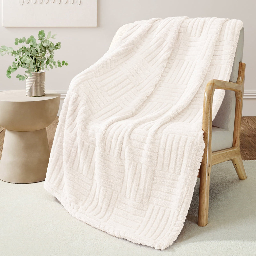 Decorative Knitted Fluffy Fleece Throw Blanket 50"x60" for Couch, Bed, Sofa, Fuzzy Soft Cozy Throw with Decorative Jacquard Pattern for ... - Lightweight Plush Warm Blanket for All Seasons Detail