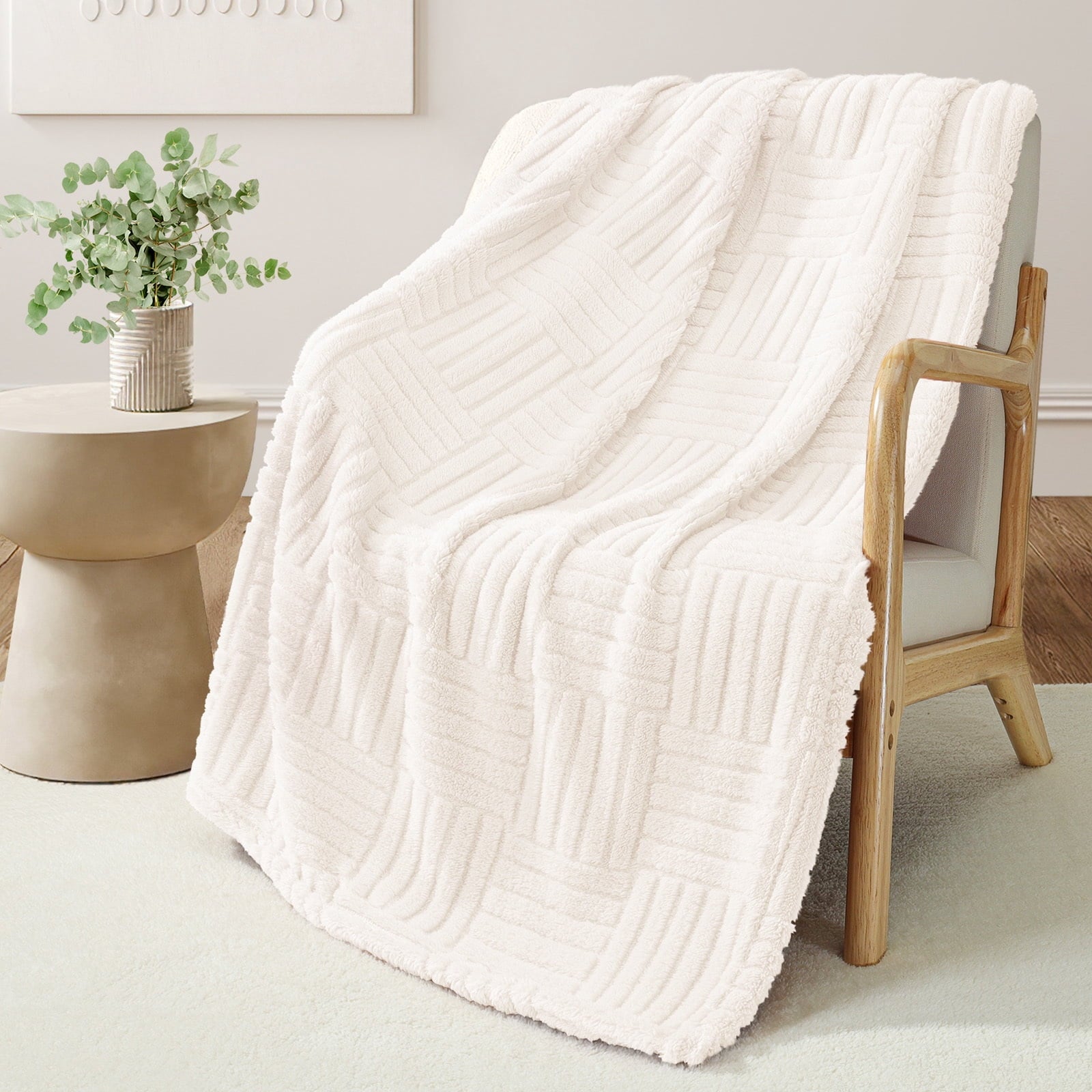Decorative Knitted Fluffy Fleece Throw Blanket 50"x60" for Couch, Bed, Sofa, Fuzzy Soft Cozy Throw with Decorative Jacquard Pattern for ... - Lightweight Plush Warm Blanket for All Seasons Detail
